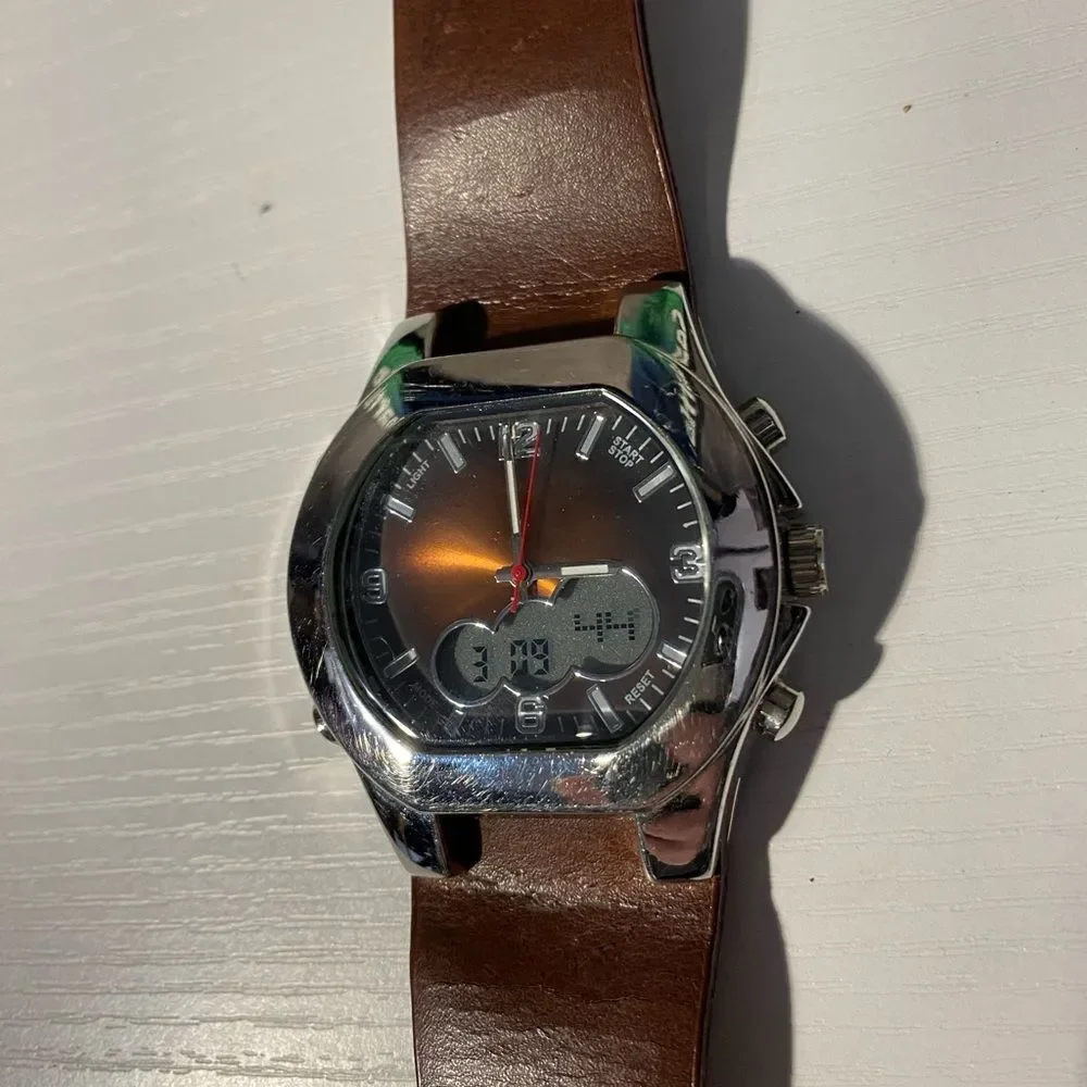 Brown Leather Strap Silver Watch--Analog hands not working